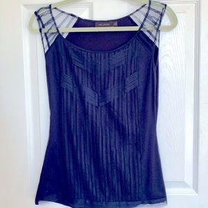 The Limited. Sleeveless women's blouse. Mesh/lace overlay on front. Navy blue.